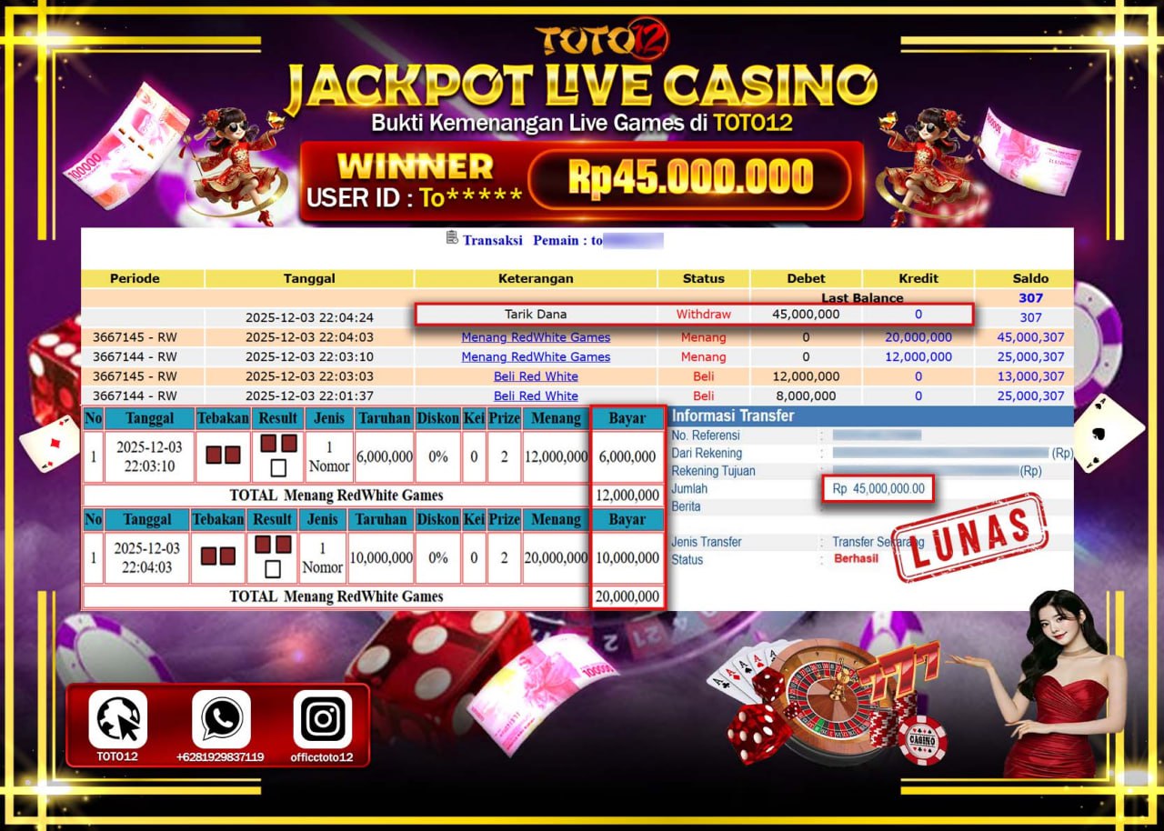 HANYA DI TOTO12 JP PASTI DI BAYAR LUNAS DAN CEPAT!!!!!! JACKPOT LIVE CASINO (RED WHITE GAMES) Rp.45.000.000 !!!!