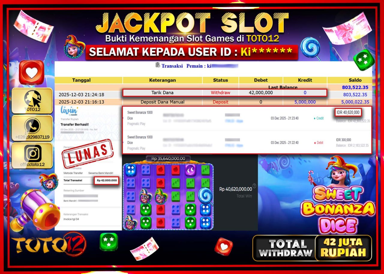 HANYA DI TOTO12 JP PASTI DI BAYAR LUNAS DAN CEPAT!!!!!! JACKPOT SLOT GAME (SWEET BONANZA DICE) Rp.42.000.000 !!!!