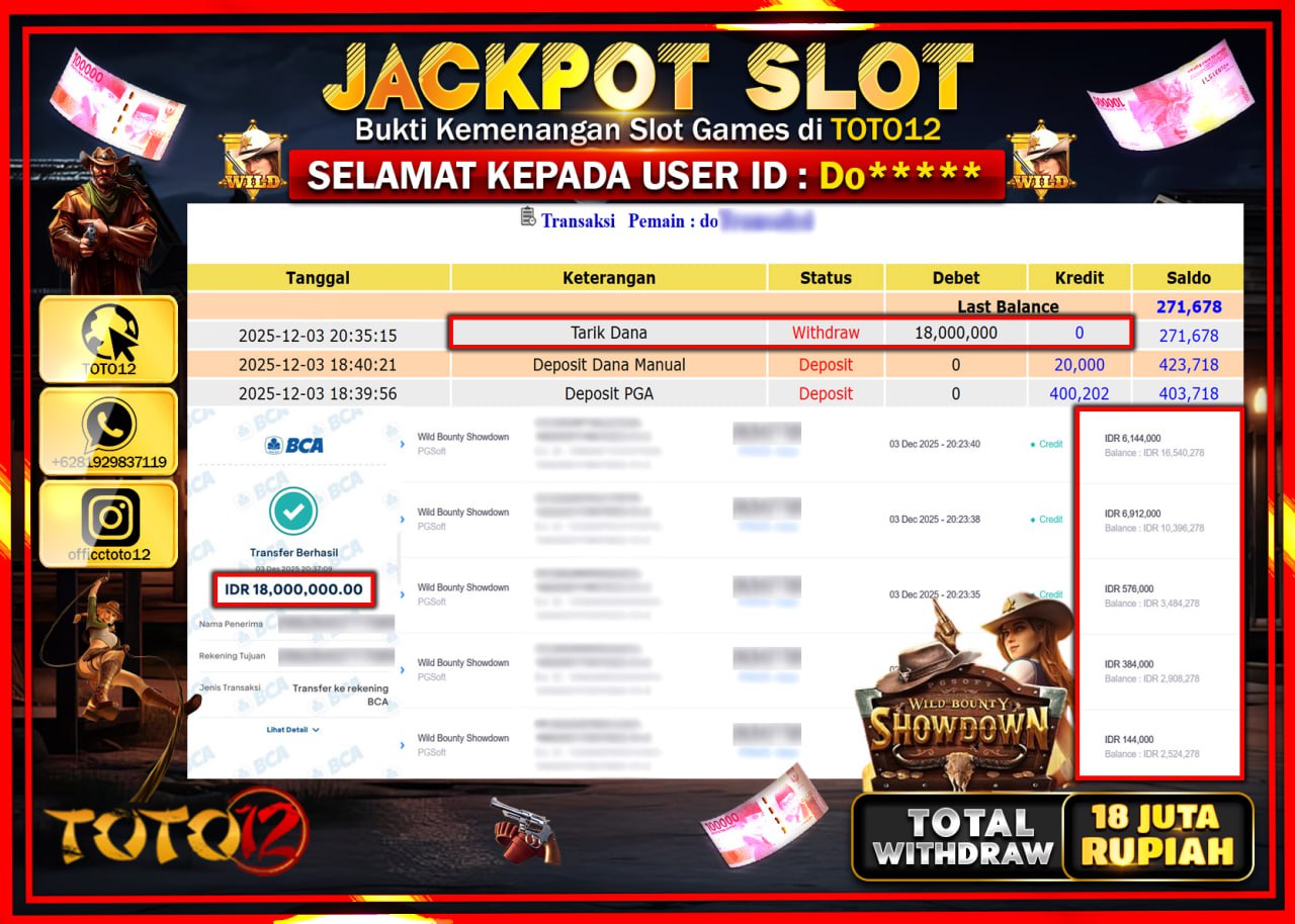 HANYA DI TOTO12 JP PASTI DI BAYAR LUNAS DAN CEPAT!!!!!! JACKPOT SLOT GAME (WILD BOUNTY SHOWDOWN) Rp.18.000.000 !!!!