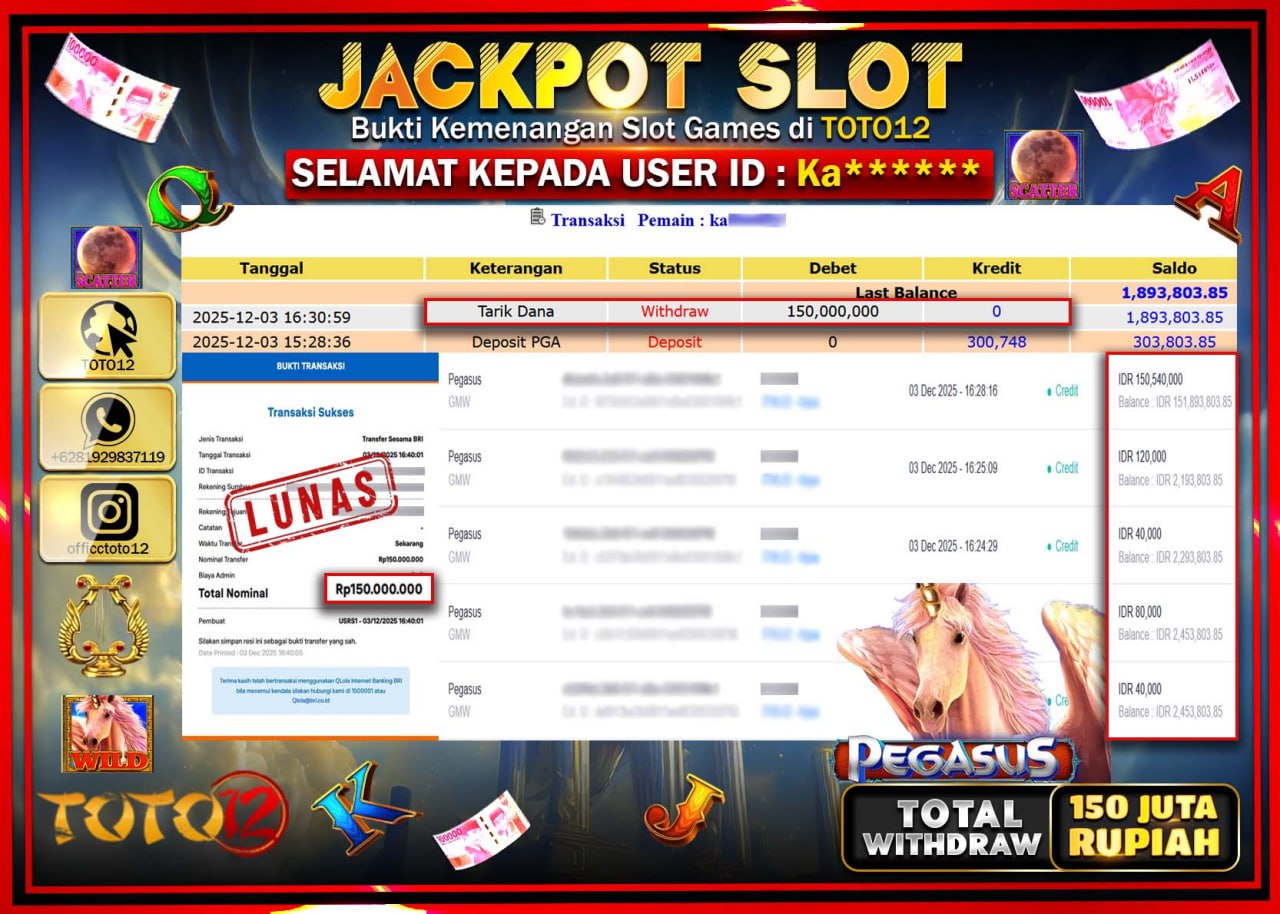 HANYA DI TOTO12 JP PASTI DI BAYAR LUNAS DAN CEPAT!!!!!! JACKPOT SLOT GAME (PEGASUS Rp.150.000.000 !!!!