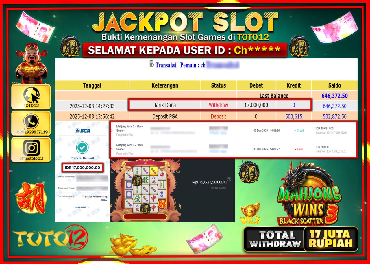 HANYA DI TOTO12 JP PASTI DI BAYAR LUNAS DAN CEPAT!!!!!! JACKPOT SLOT GAME (MAHJONG WINS 3 BLACK SCATTER) Rp.17.000.000 !!!!