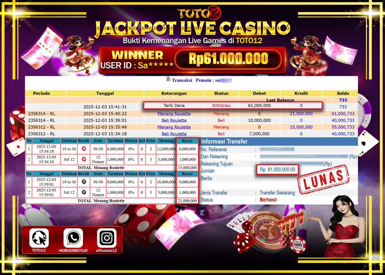 HANYA DI TOTO12 JP PASTI DI BAYAR LUNAS DAN CEPAT!!!!!! JACKPOT LIVE CASINO (ROULETTE) Rp.61.000.000 !!!!