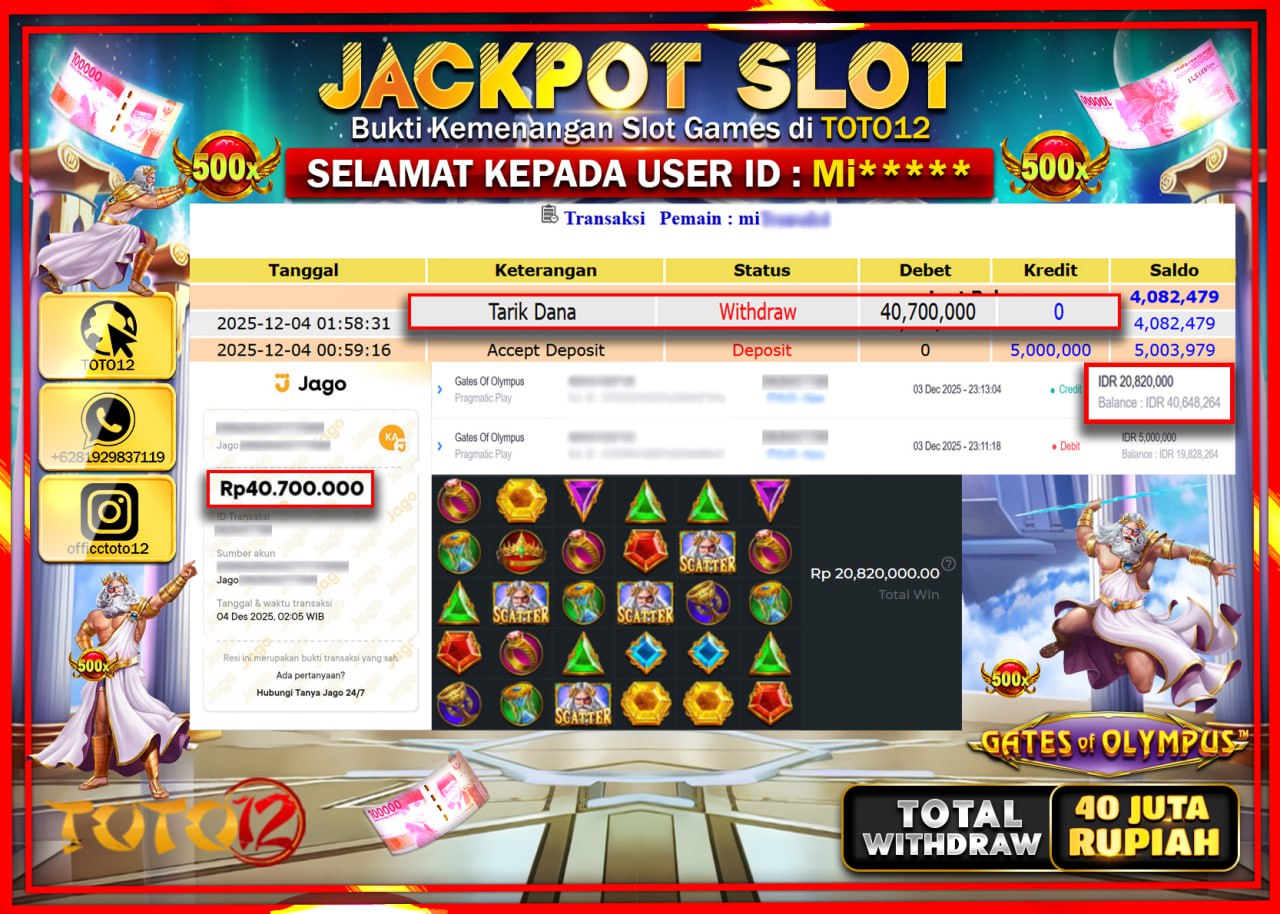 HANYA DI TOTO12 JP PASTI DI BAYAR LUNAS DAN CEPAT!!!!!! JACKPOT SLOT GAME (GATES OF OLYMPUS) Rp.40.700.000 !!!!