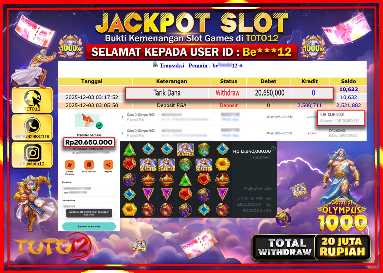 HANYA DI TOTO12 JP PASTI DI BAYAR LUNAS DAN CEPAT!!!!!! JACKPOT SLOT GAME (GATES OF OLYMPUS 1000) Rp.20.650.000 !!!!