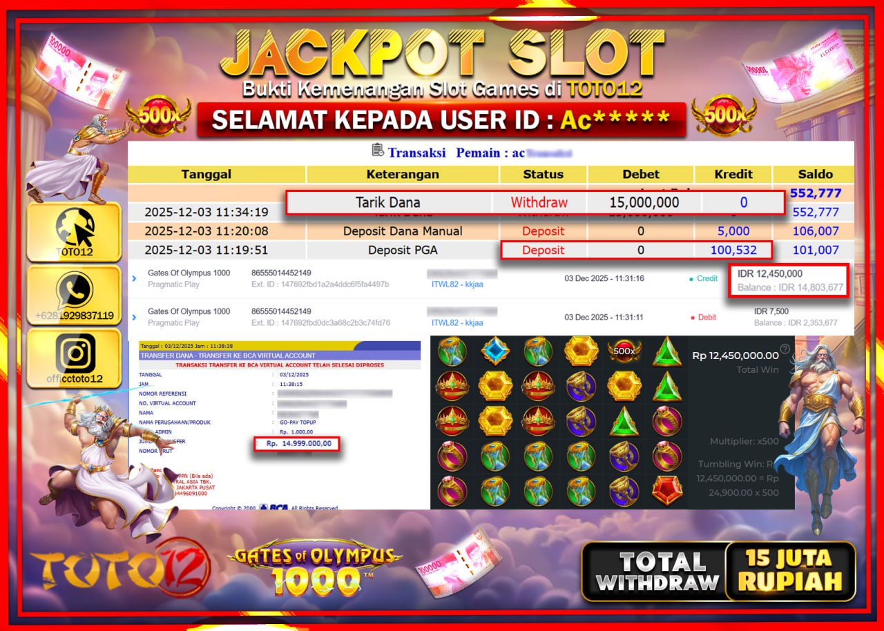 HANYA DI TOTO12 JP PASTI DI BAYAR LUNAS DAN CEPAT!!!!!! JACKPOT SLOT GAME (GATES OF OLYMPUS 1000) Rp.15.000.000 !!!!