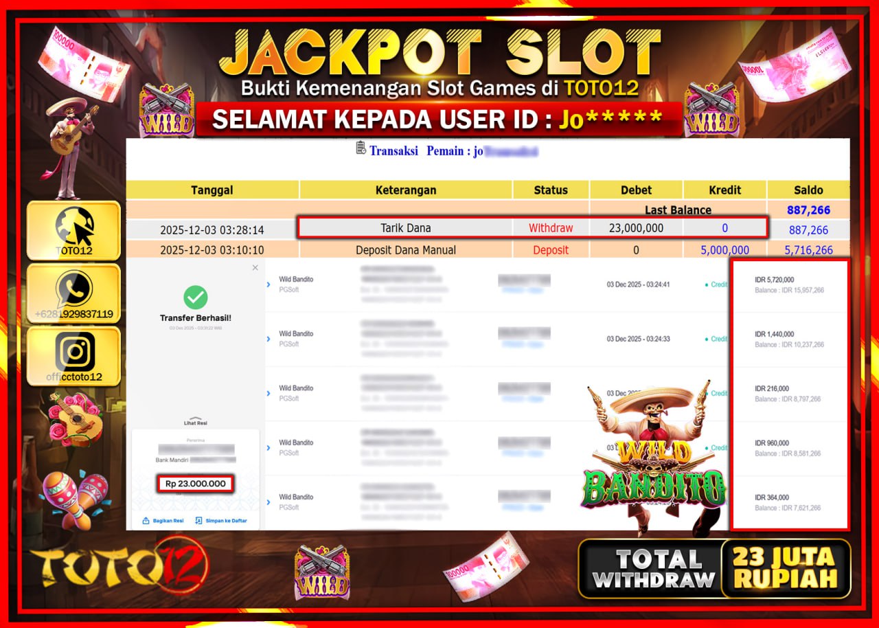 HANYA DI TOTO12 JP PASTI DI BAYAR LUNAS DAN CEPAT!!!!!! JACKPOT SLOT GAME (WILD BANDITO) Rp.23.000.000 !!!!