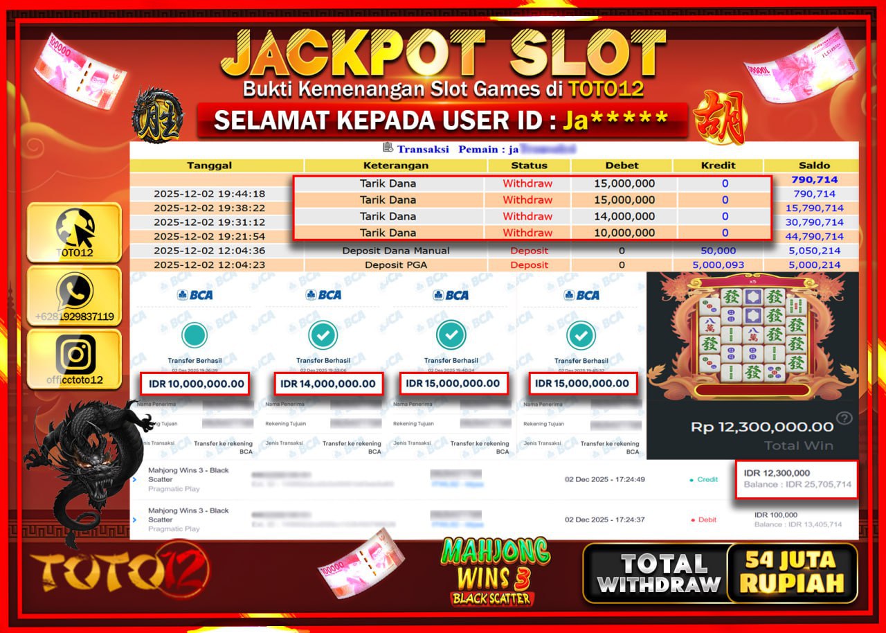 HANYA DI TOTO12 JP PASTI DI BAYAR LUNAS DAN CEPAT!!!!!! JACKPOT SLOT GAME (MAHJONG WINS 3 BLACK SCATTER) Rp.54.000.000 !!!!
