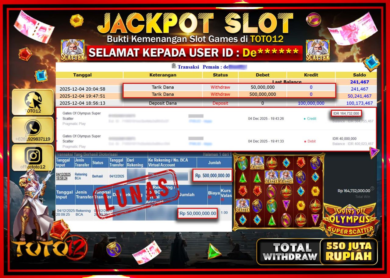 HANYA DI TOTO12 JP PASTI DI BAYAR LUNAS DAN CEPAT!!!!!! JACKPOT SLOT GAME (GATES OF OLYMPUS SUPER SCATTER) Rp.550.000.000 !!!!