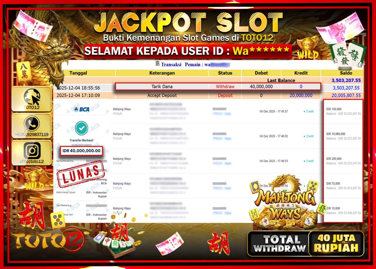 HANYA DI TOTO12 JP PASTI DI BAYAR LUNAS DAN CEPAT!!!!!! JACKPOT SLOT GAME (MAHJONG WAYS) Rp.40.000.000 !!!!