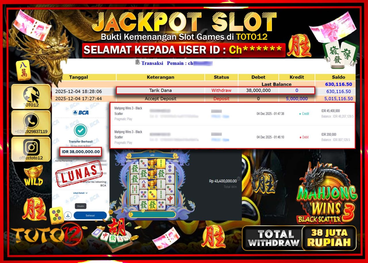HANYA DI TOTO12 JP PASTI DI BAYAR LUNAS DAN CEPAT!!!!!! JACKPOT SLOT GAME (MAHJONG WINS 3 BLACK SCATTER) Rp.38.000.000 !!!!