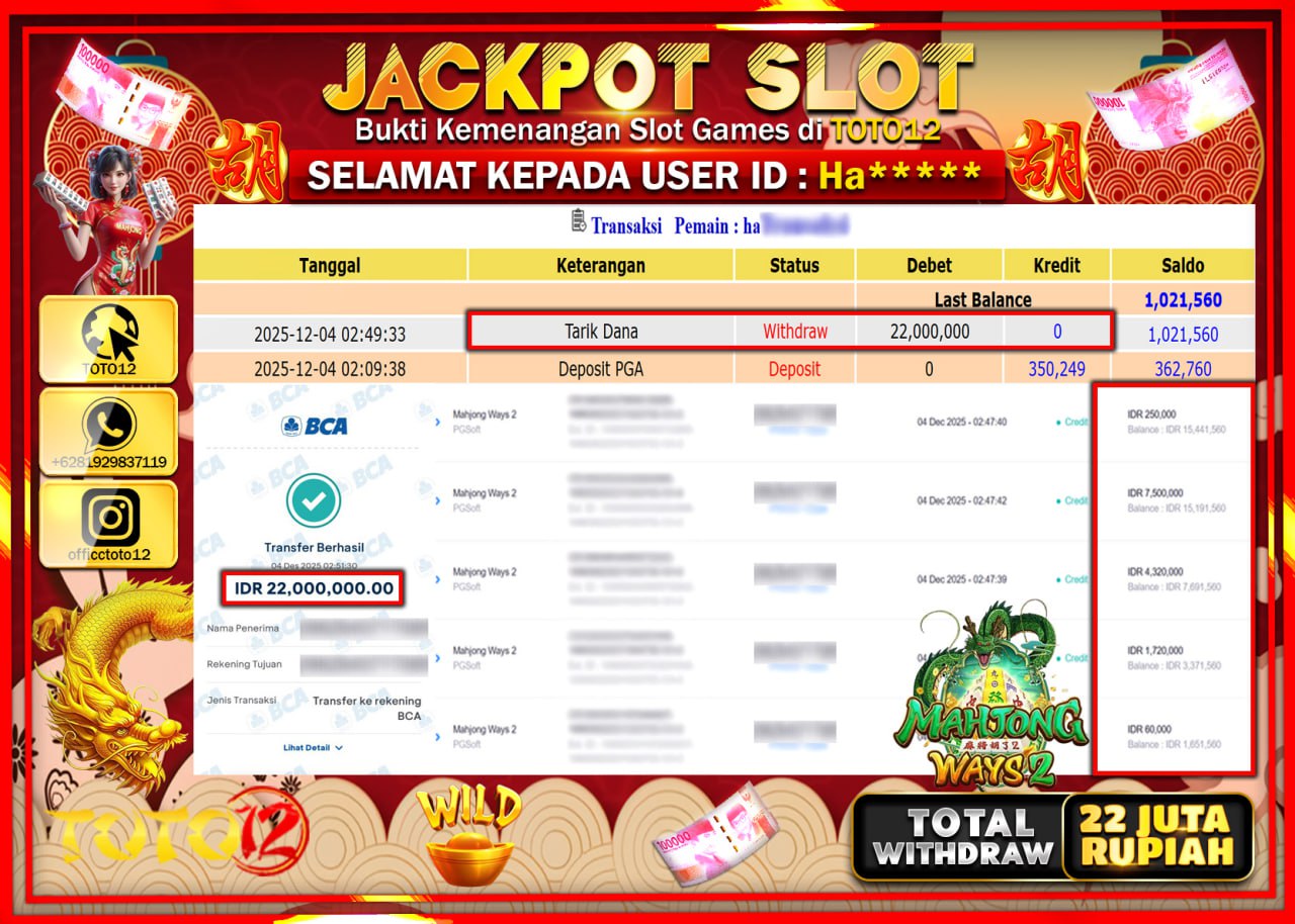 HANYA DI TOTO12 JP PASTI DI BAYAR LUNAS DAN CEPAT!!!!!! JACKPOT SLOT GAME (MAHJONG WAYS 2) Rp.22.000.000 !!!!