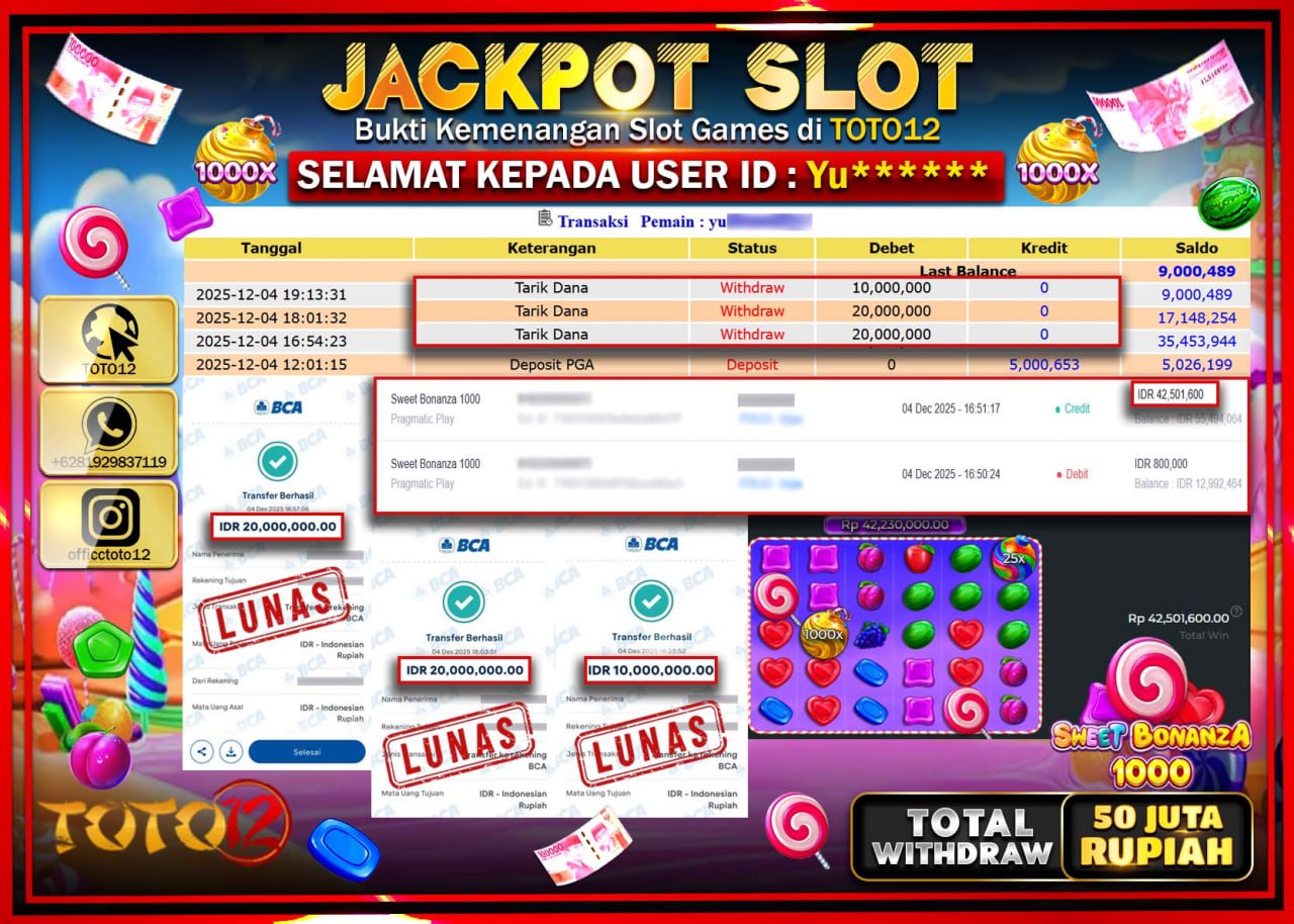 HANYA DI TOTO12 JP PASTI DI BAYAR LUNAS DAN CEPAT!!!!!! JACKPOT SLOT GAME (SWEET BONANZA 1000) Rp.50.000.000 !!!!