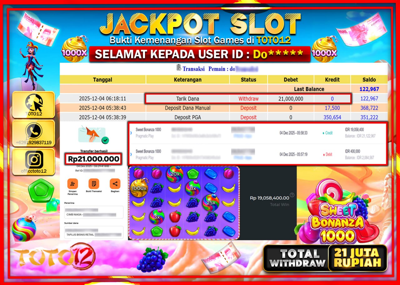 HANYA DI TOTO12 JP PASTI DI BAYAR LUNAS DAN CEPAT!!!!!! JACKPOT SLOT GAME (SWEET BONANZA 1000) Rp.21.000.000 !!!!