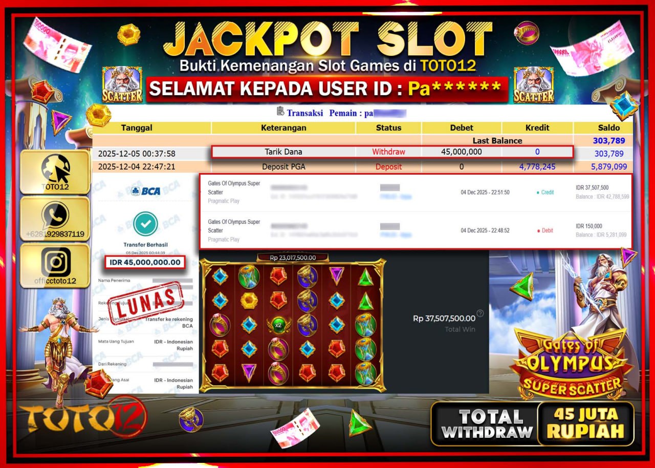 HANYA DI TOTO12 JP PASTI DI BAYAR LUNAS DAN CEPAT!!!!!! JACKPOT SLOT GAME (GATES OF OLYMPUS SUPER SCATTER) Rp.45.000.000 !!!!