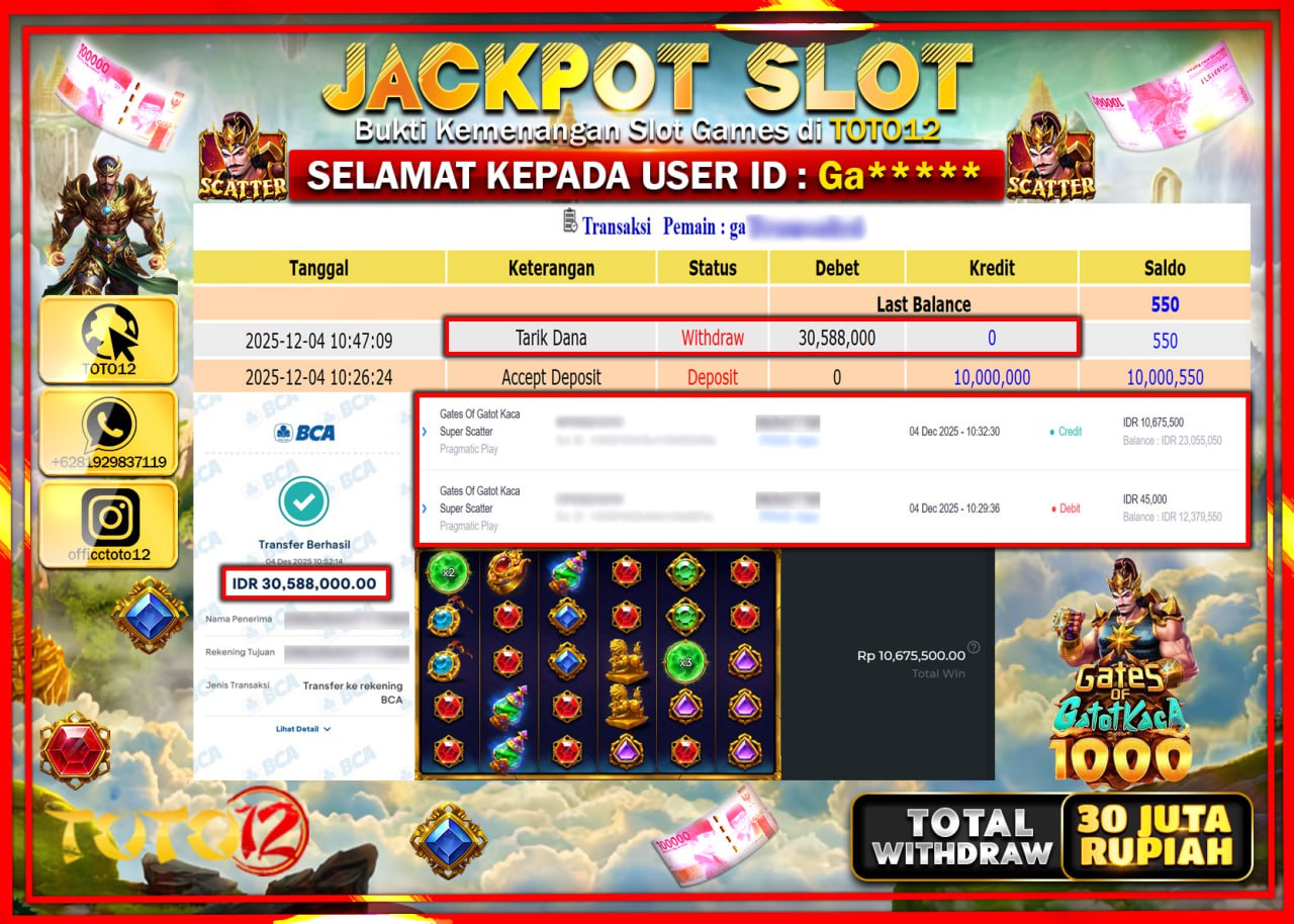 HANYA DI TOTO12 JP PASTI DI BAYAR LUNAS DAN CEPAT!!!!!! JACKPOT SLOT GAME (GATES OF GATOT KACA 1000) Rp.30.588.000 !!!!