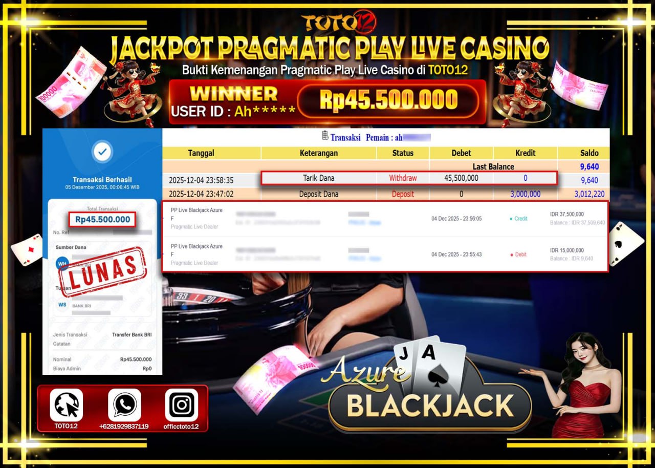 HANYA DI TOTO12 JP PASTI DI BAYAR LUNAS DAN CEPAT!!!!!! JACKPOT PRAGMATIC PLAY LIVE CASINO (BLACKJACK AZURE) Rp.45.500.000 !!!!