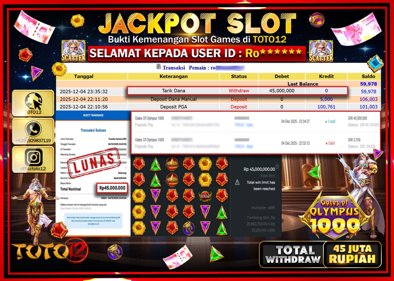 HANYA DI TOTO12 JP PASTI DI BAYAR LUNAS DAN CEPAT!!!!!! JACKPOT SLOT GAME (GATES OF OLYMPUS 1000) Rp.45.000.000 !!!!