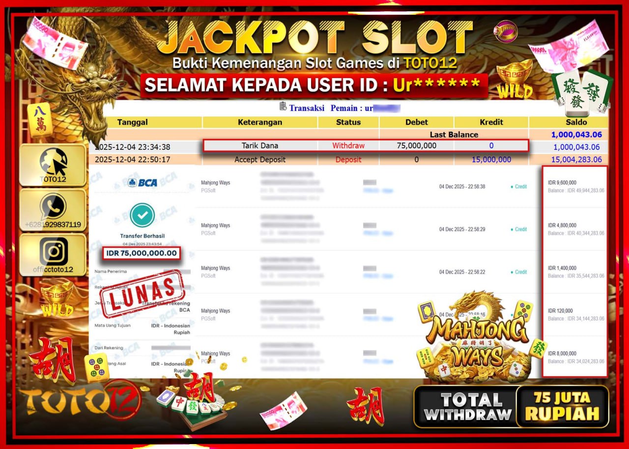 HANYA DI TOTO12 JP PASTI DI BAYAR LUNAS DAN CEPAT!!!!!! JACKPOT SLOT GAME (MAHJONG WAYS) Rp.75.000.000 !!!!