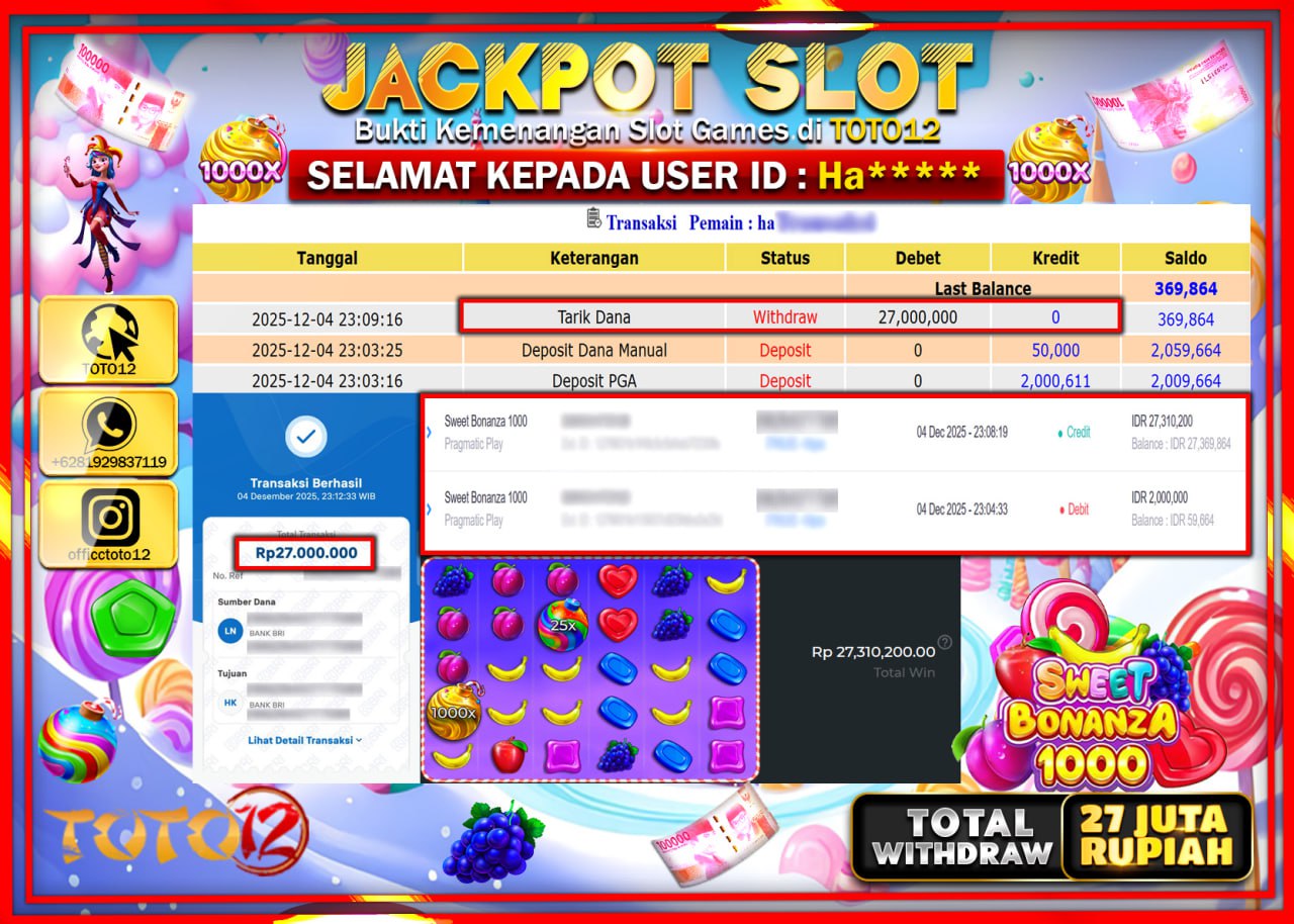 HANYA DI TOTO12 JP PASTI DI BAYAR LUNAS DAN CEPAT!!!!!! JACKPOT SLOT GAME (SWEET BONANZA 1000) Rp.27.000.000 !!!!