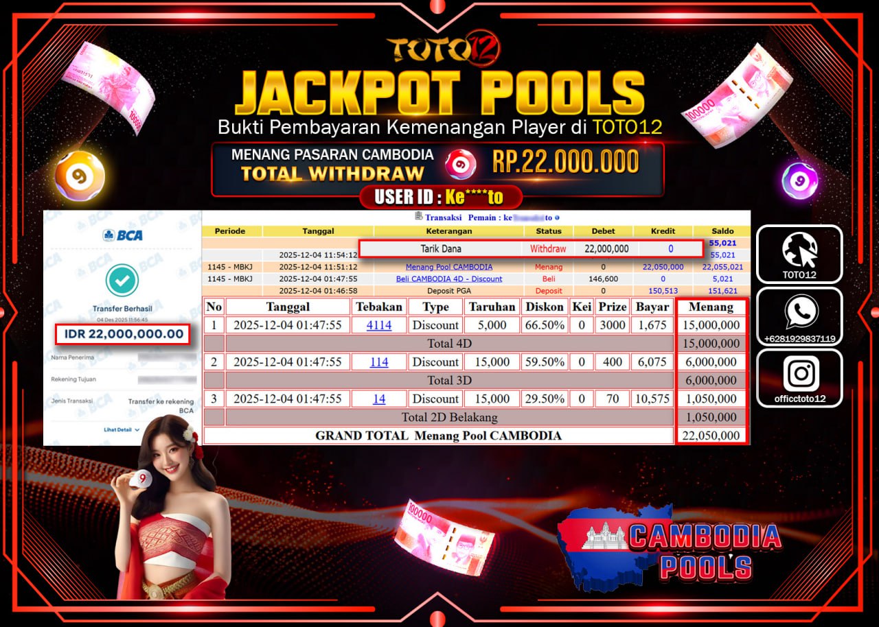 HANYA DI TOTO12 JP PASTI DI BAYAR LUNAS DAN CEPAT!!!!!! JACKPOT POOLS PASARAN (CAMBODIA) Rp.22.000.000 !!!!