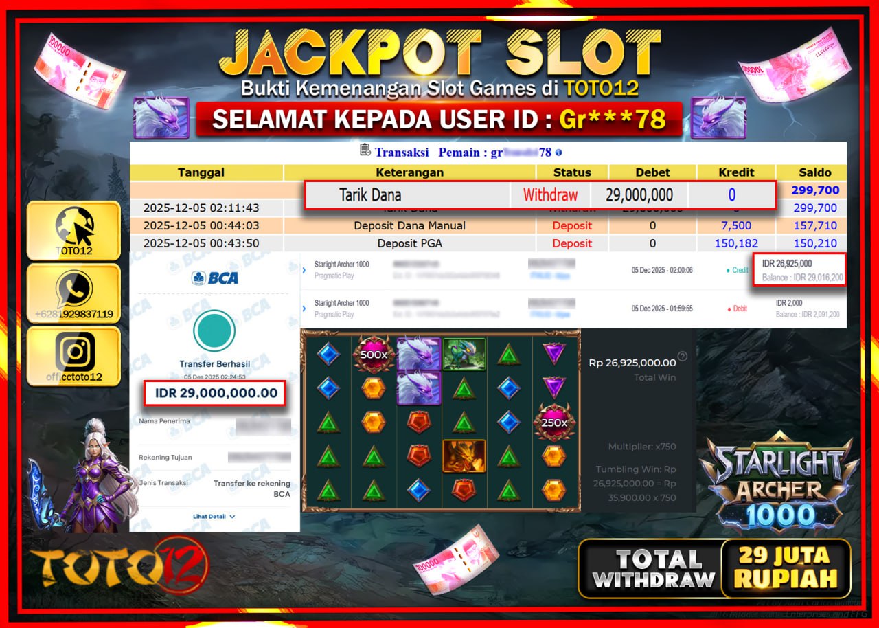 HANYA DI TOTO12 JP PASTI DI BAYAR LUNAS DAN CEPAT!!!!!! JACKPOT SLOT GAME (STARLIGHT ARCHER 1000) Rp.29.000.000 !!!!