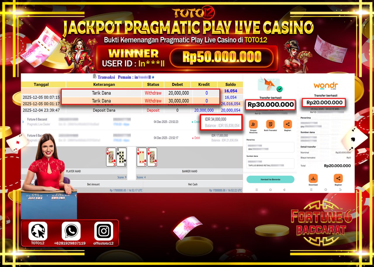 HANYA DI TOTO12 JP PASTI DI BAYAR LUNAS DAN CEPAT!!!!!! JACKPOT PRAGMATIC PLAY LIVE CASINO (FORTUNE 6 BACCARAT) Rp.50.000.000 !!!!
