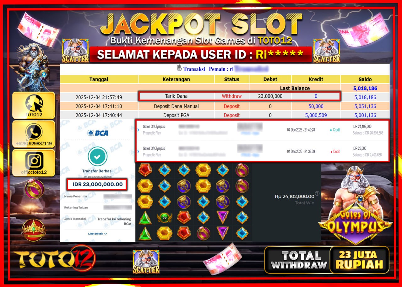 HANYA DI TOTO12 JP PASTI DI BAYAR LUNAS DAN CEPAT!!!!!! JACKPOT SLOT GAME (GATES OF OLYMPUS) Rp.23.000.000 !!!!