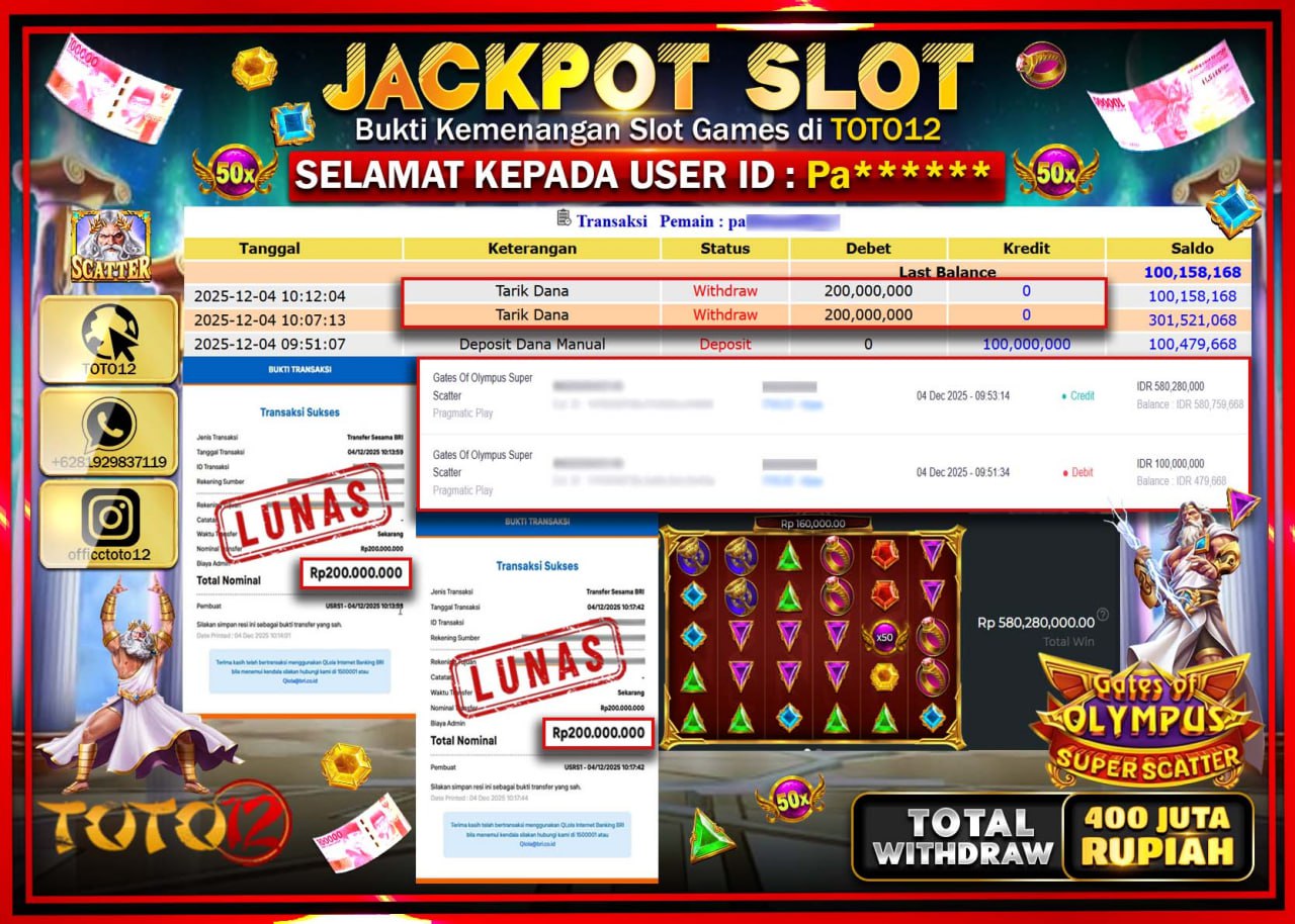 HANYA DI TOTO12 JP PASTI DI BAYAR LUNAS DAN CEPAT!!!!!! JACKPOT SLOT GAME (GATES OF OLYMPUS SUPER SCATTER) Rp.400.000.000 !!!!