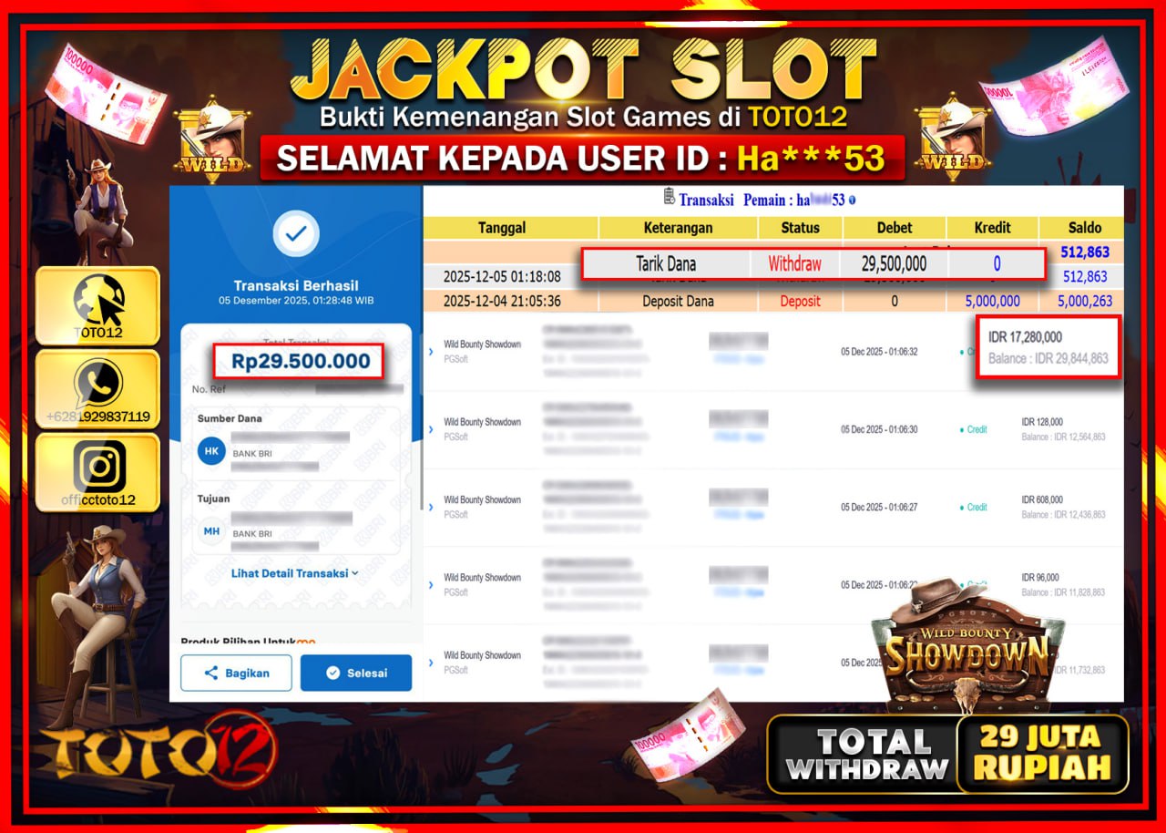 HANYA DI TOTO12 JP PASTI DI BAYAR LUNAS DAN CEPAT!!!!!! JACKPOT SLOT GAME (WILD BOUNTY SHOWDOWN) Rp.29.500.000 !!!!