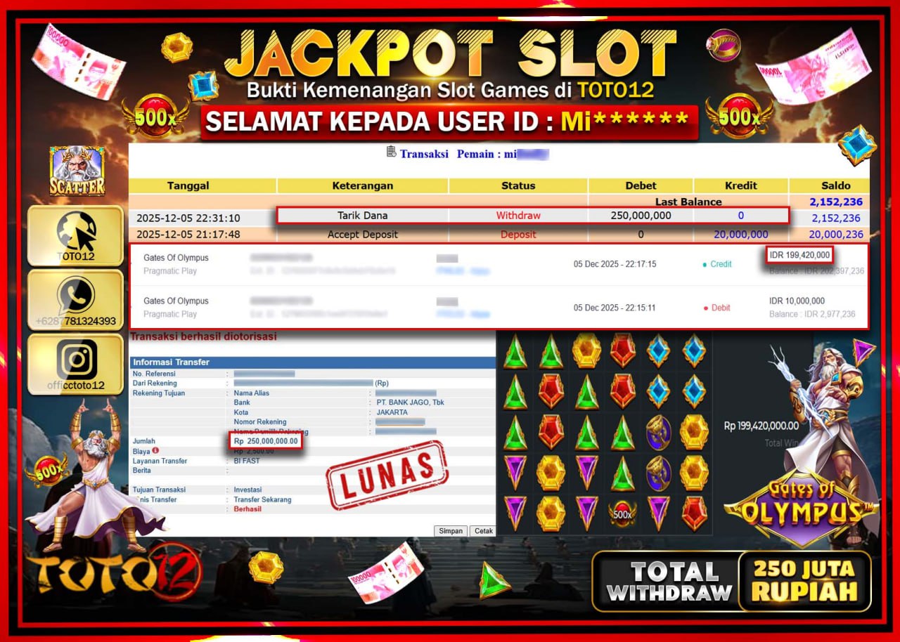HANYA DI TOTO12 JP PASTI DI BAYAR LUNAS DAN CEPAT!!!!!! JACKPOT SLOT GAME (GATES OF OLYMPUS) Rp.250.000.000 !!!!