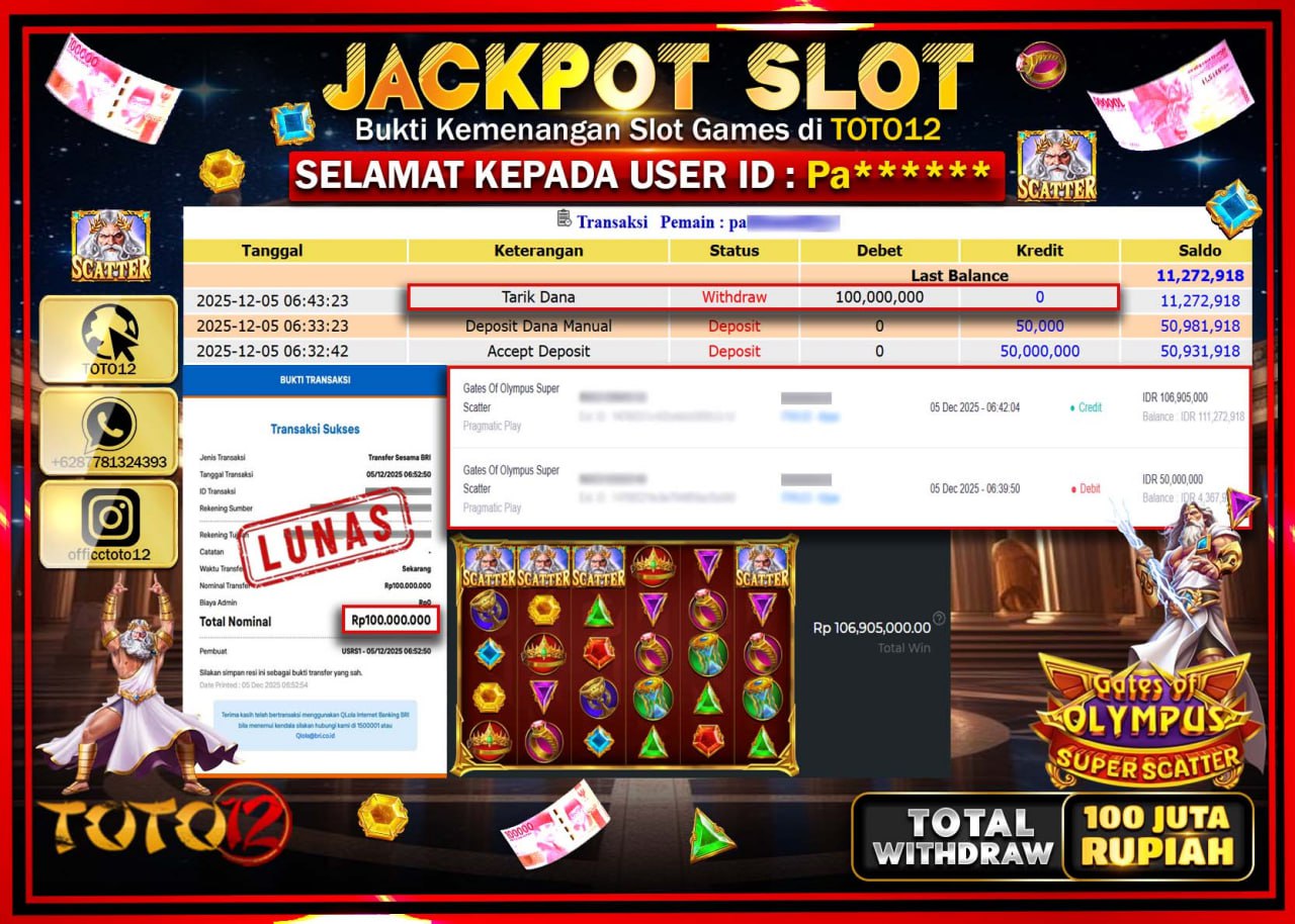 HANYA DI TOTO12 JP PASTI DI BAYAR LUNAS DAN CEPAT!!!!!! JACKPOT SLOT GAME (GATES OF OLYMPUS SUPER SCATTER) Rp.100.000.000 !!!!