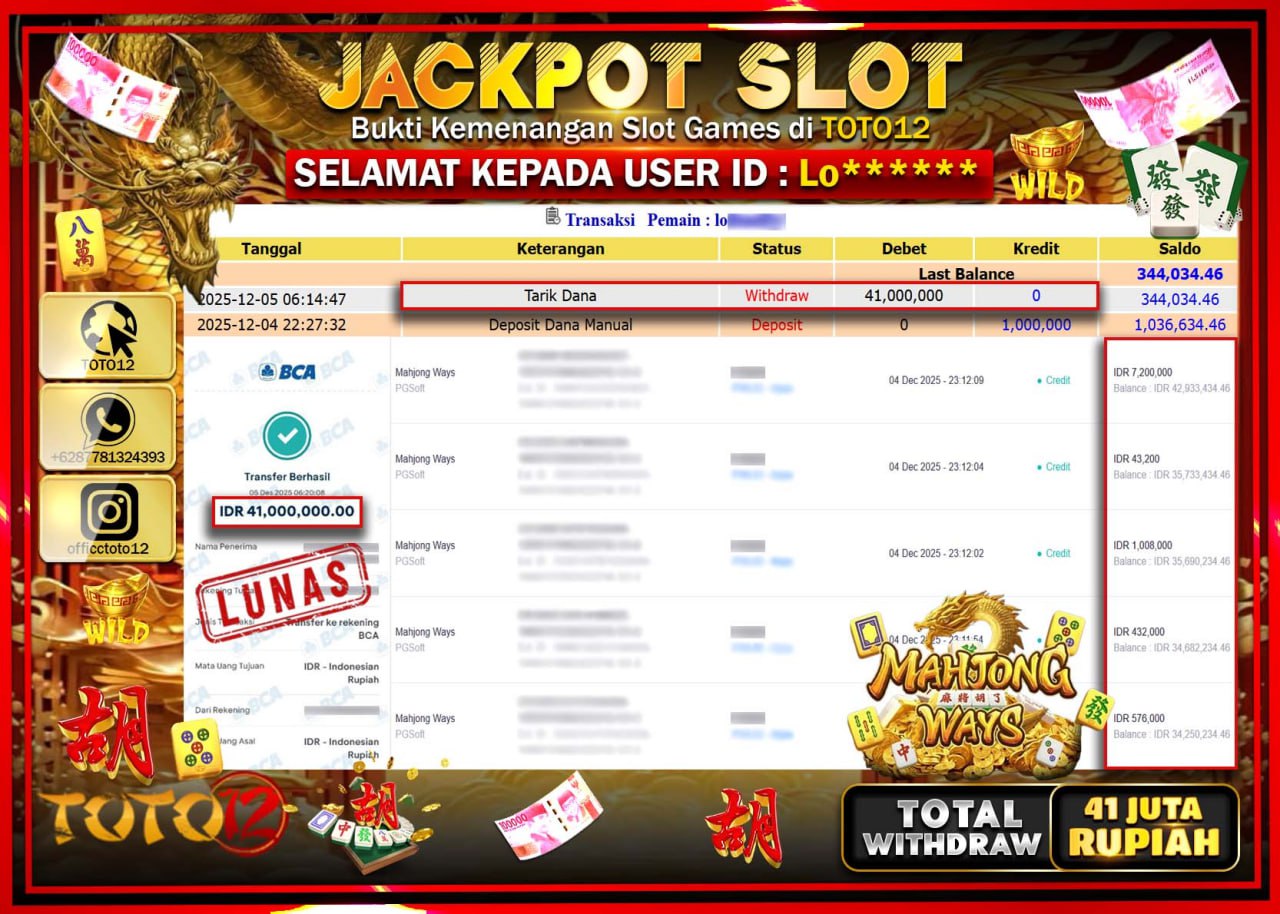 HANYA DI TOTO12 JP PASTI DI BAYAR LUNAS DAN CEPAT!!!!!! JACKPOT SLOT GAME (MAHJONG WAYS) Rp.41.000.000 !!!!