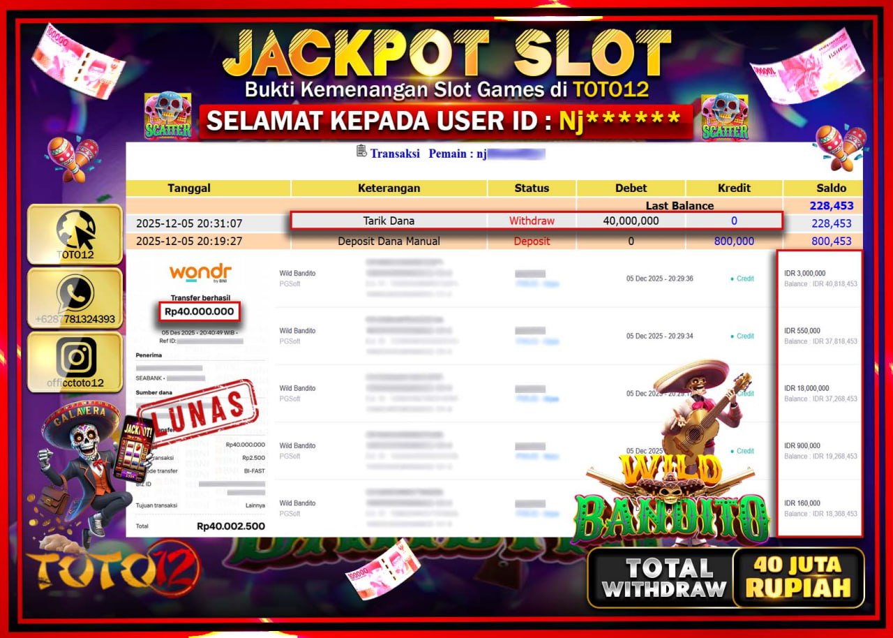 HANYA DI TOTO12 JP PASTI DI BAYAR LUNAS DAN CEPAT!!!!!! JACKPOT SLOT GAME (WILD BANDITO) Rp.40.000.000 !!!!