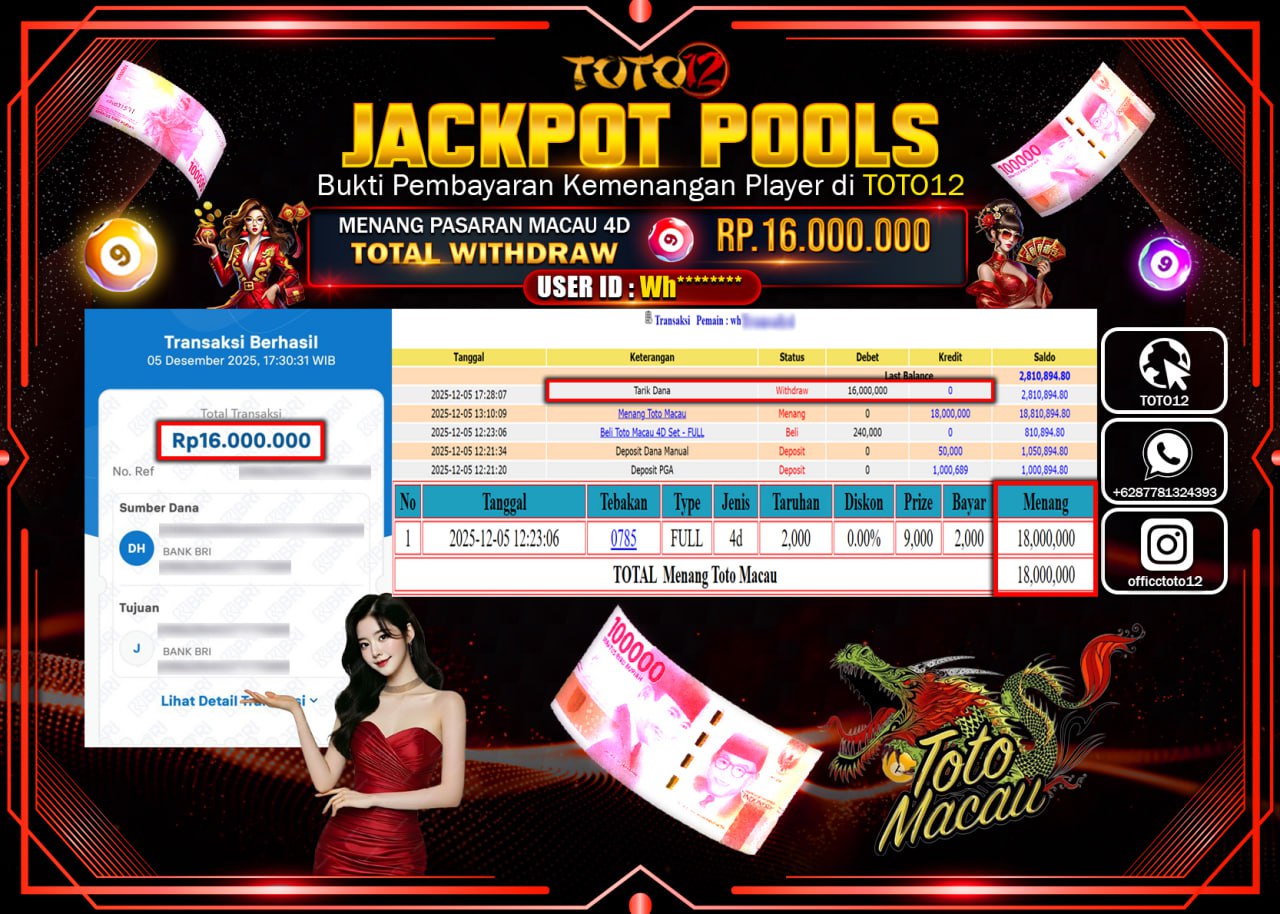 HANYA DI TOTO12 JP PASTI DI BAYAR LUNAS DAN CEPAT!!!!!! JACKPOT POOLS PASARAN (MACAU 4D) Rp.16.000.000 !!!!