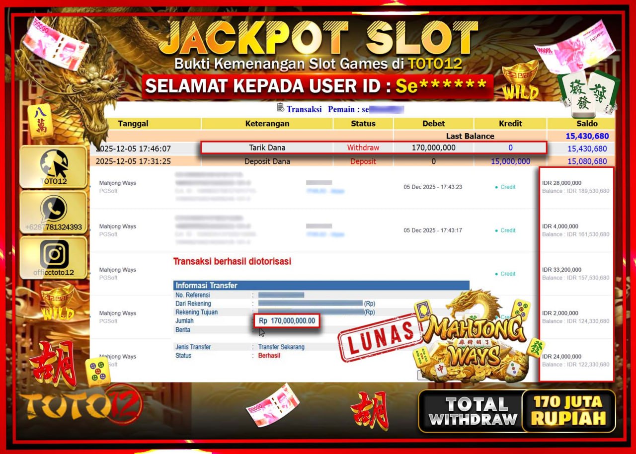 HANYA DI TOTO12 JP PASTI DI BAYAR LUNAS DAN CEPAT!!!!!! JACKPOT SLOT GAME (MAHJONG WAYS) Rp.170.000.000 !!!!