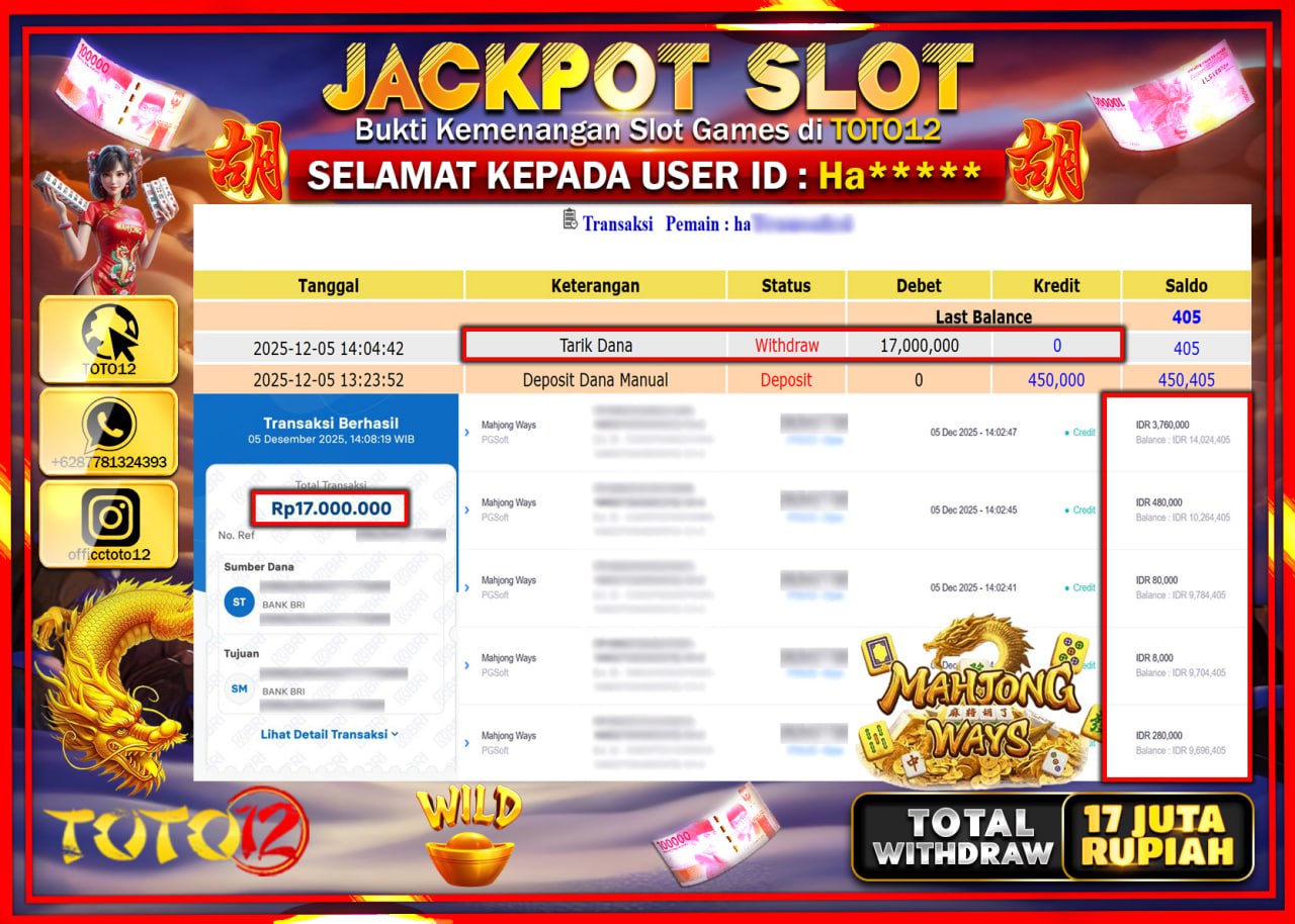 HANYA DI TOTO12 JP PASTI DI BAYAR LUNAS DAN CEPAT!!!!!! JACKPOT SLOT GAME (MAHJONG WAYS) Rp.17.000.000 !!!!