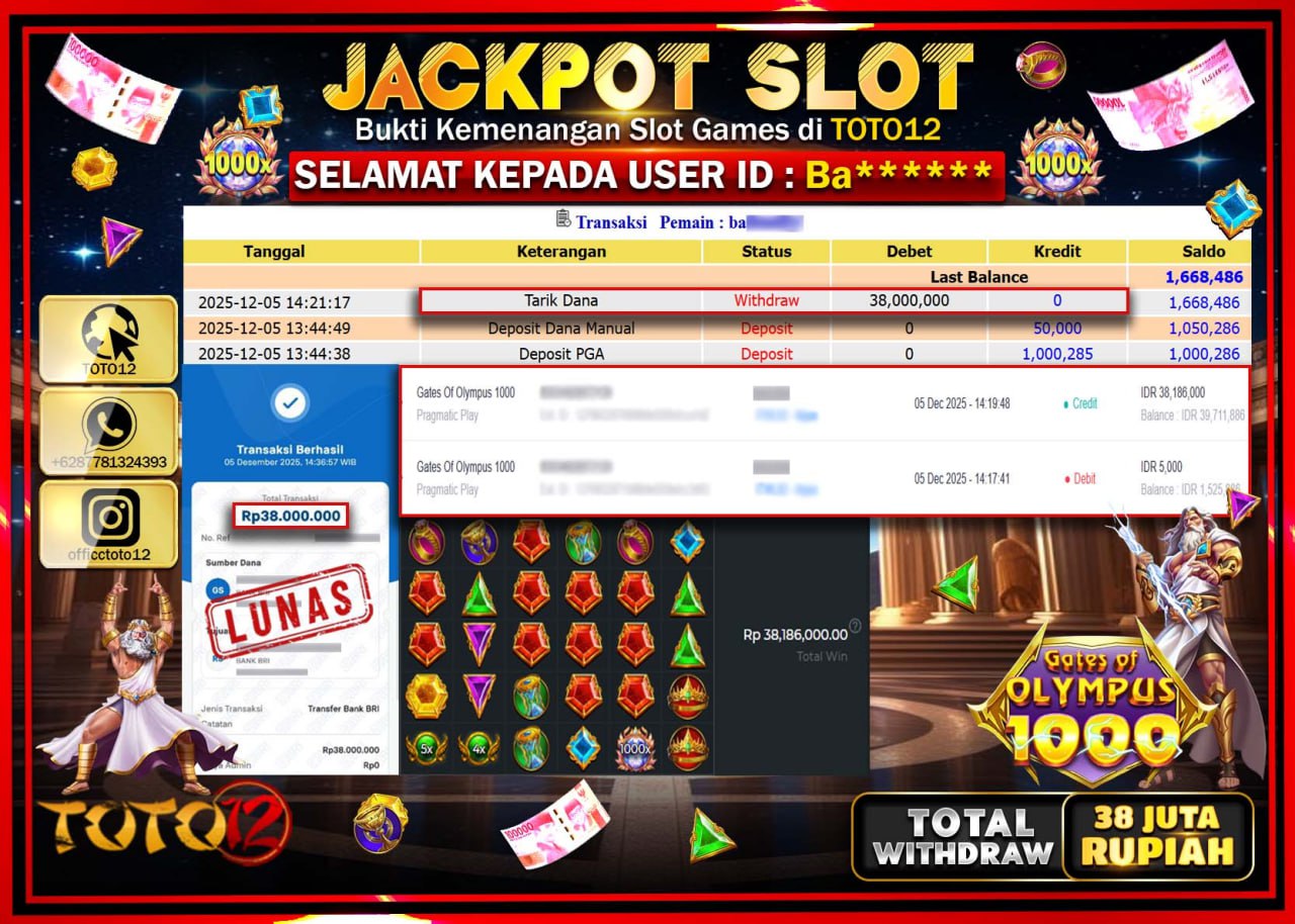 HANYA DI TOTO12 JP PASTI DI BAYAR LUNAS DAN CEPAT!!!!!! JACKPOT SLOT GAME (GATES OF OLYMPUS 1000) Rp.38.000.000 !!!!