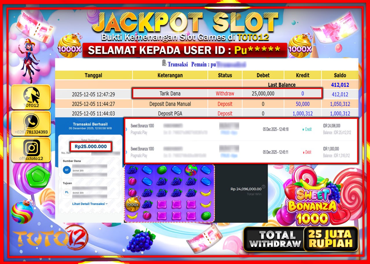 HANYA DI TOTO12 JP PASTI DI BAYAR LUNAS DAN CEPAT!!!!!! JACKPOT SLOT GAME (SWEET BONANZA 1000) Rp.25.000.000 !!!!