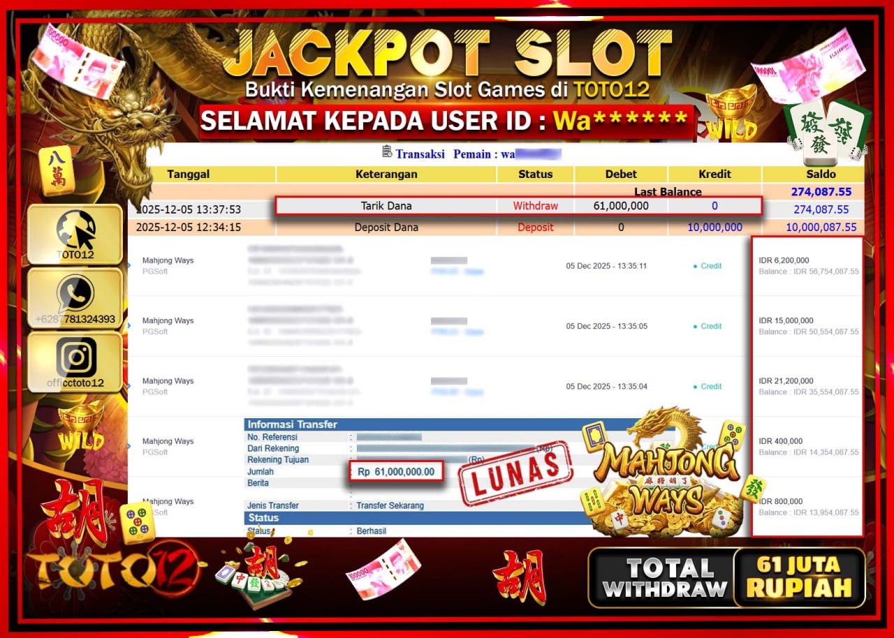 HANYA DI TOTO12 JP PASTI DI BAYAR LUNAS DAN CEPAT!!!!!! JACKPOT SLOT GAME (MAHJONG WAYS) Rp.61.000.000 !!!!