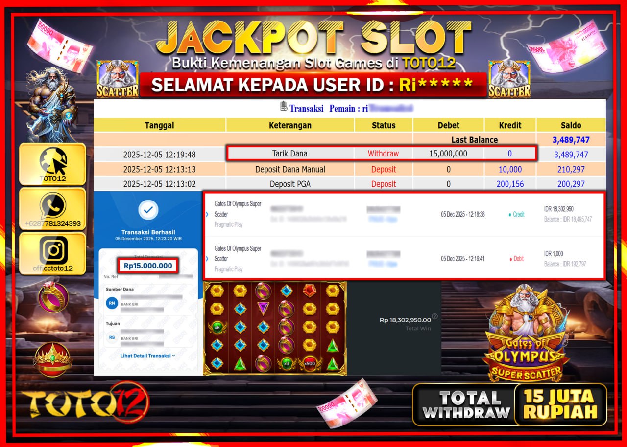 HANYA DI TOTO12 JP PASTI DI BAYAR LUNAS DAN CEPAT!!!!!! JACKPOT SLOT GAME (GATES OF OLYMPUS SUPER SCATTER) Rp.15.000.000 !!!!