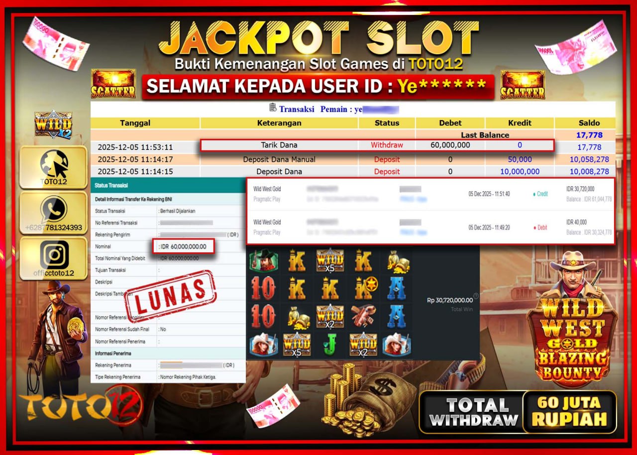 HANYA DI TOTO12 JP PASTI DI BAYAR LUNAS DAN CEPAT!!!!!! JACKPOT SLOT GAME (WILD WEST GOLD) Rp.60.000.000 !!!!