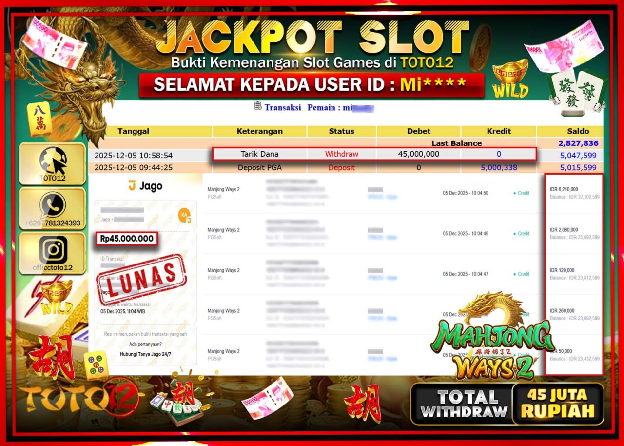 HANYA DI TOTO12 JP PASTI DI BAYAR LUNAS DAN CEPAT!!!!!! JACKPOT SLOT GAME (MAHJONG WAYS 2) Rp.45.000.000 !!!!