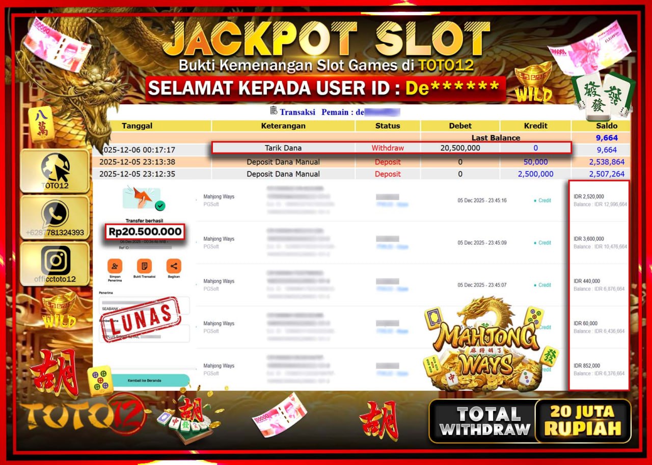 HANYA DI TOTO12 JP PASTI DI BAYAR LUNAS DAN CEPAT!!!!!! JACKPOT SLOT GAME (MAHJONG WAYS) Rp.20.500.000 !!!!