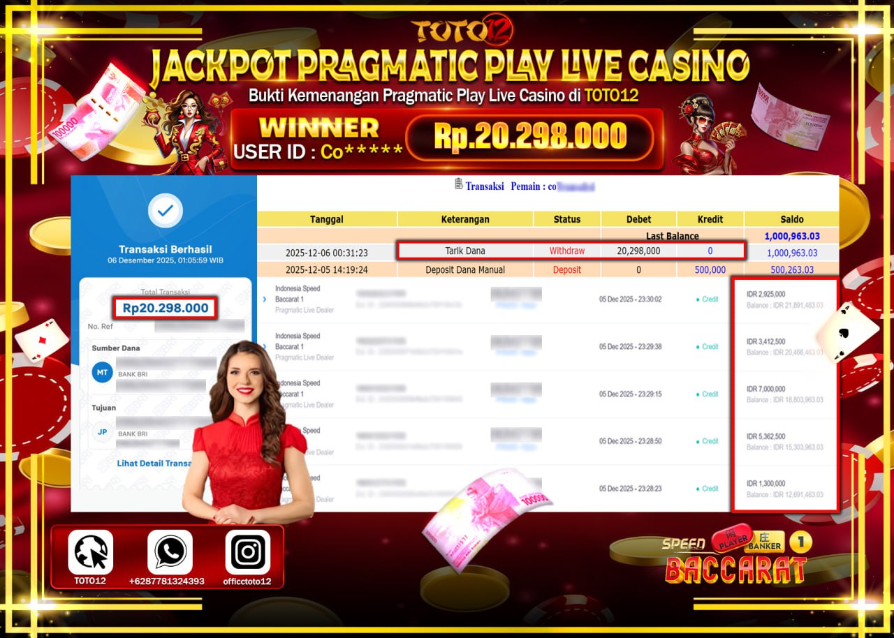 HANYA DI TOTO12 JP PASTI DI BAYAR LUNAS DAN CEPAT!!!!!! JACKPOT PRAGMATIC PLAY LIVE CASINO (INDONESIA SPEED BACCARAT 1) Rp.20.298.000 !!!!