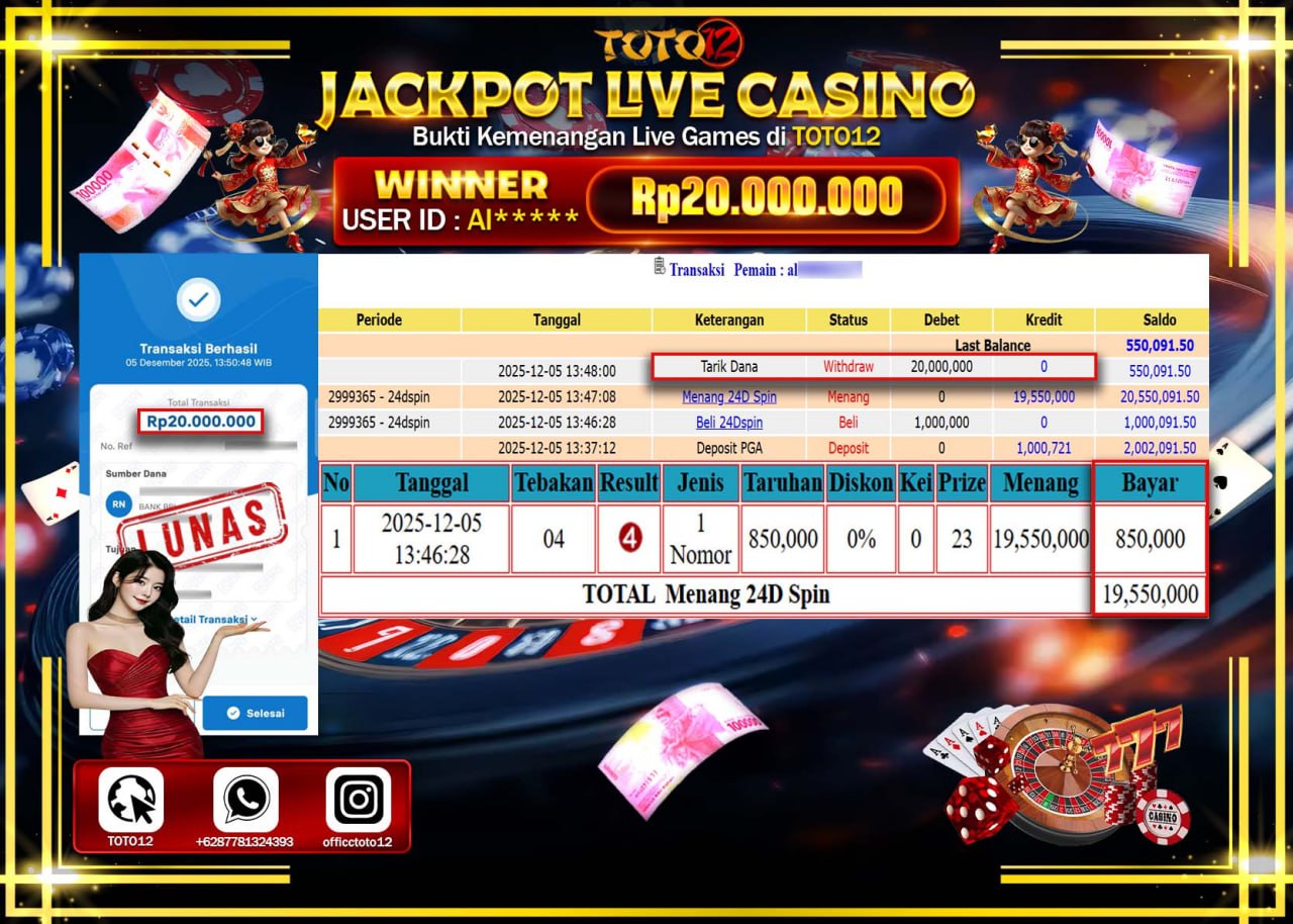 HANYA DI TOTO12 JP PASTI DI BAYAR LUNAS DAN CEPAT!!!!!! JACKPOT LIVE CASINO (24D SPIN) Rp.20.000.000 !!!!