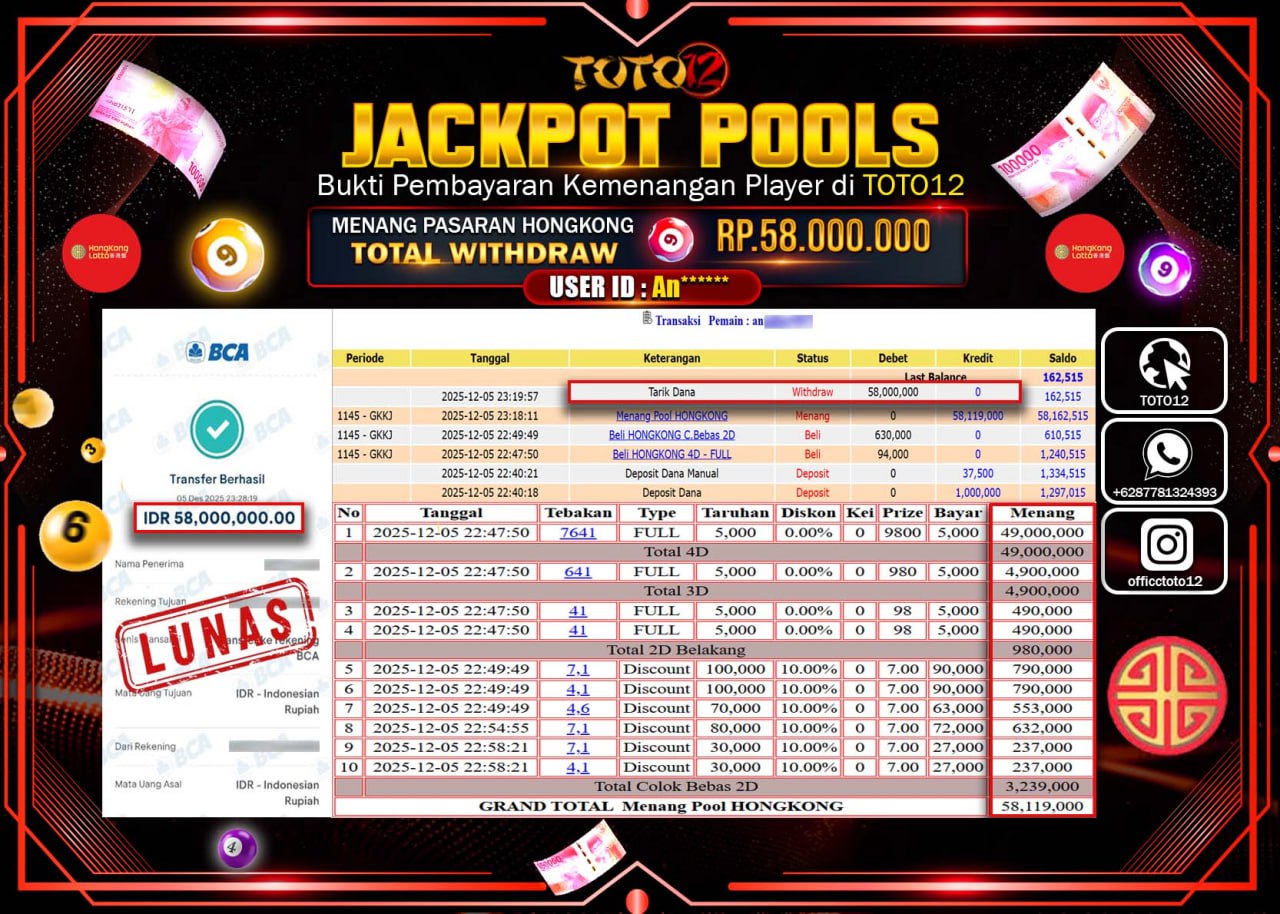 HANYA DI TOTO12 JP PASTI DI BAYAR LUNAS DAN CEPAT!!!!!! JACKPOT POOLS PASARAN (HONGKONG) Rp.58.000.000 !!!!
