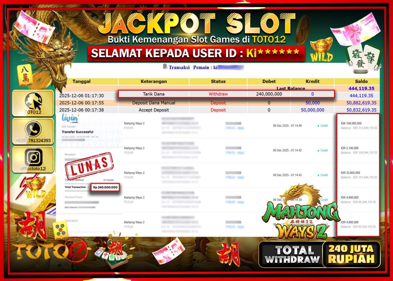 HANYA DI TOTO12 JP PASTI DI BAYAR LUNAS DAN CEPAT!!!!!! JACKPOT SLOT GAME (MAHJONG WAYS 2) Rp.240.000.000 !!!!