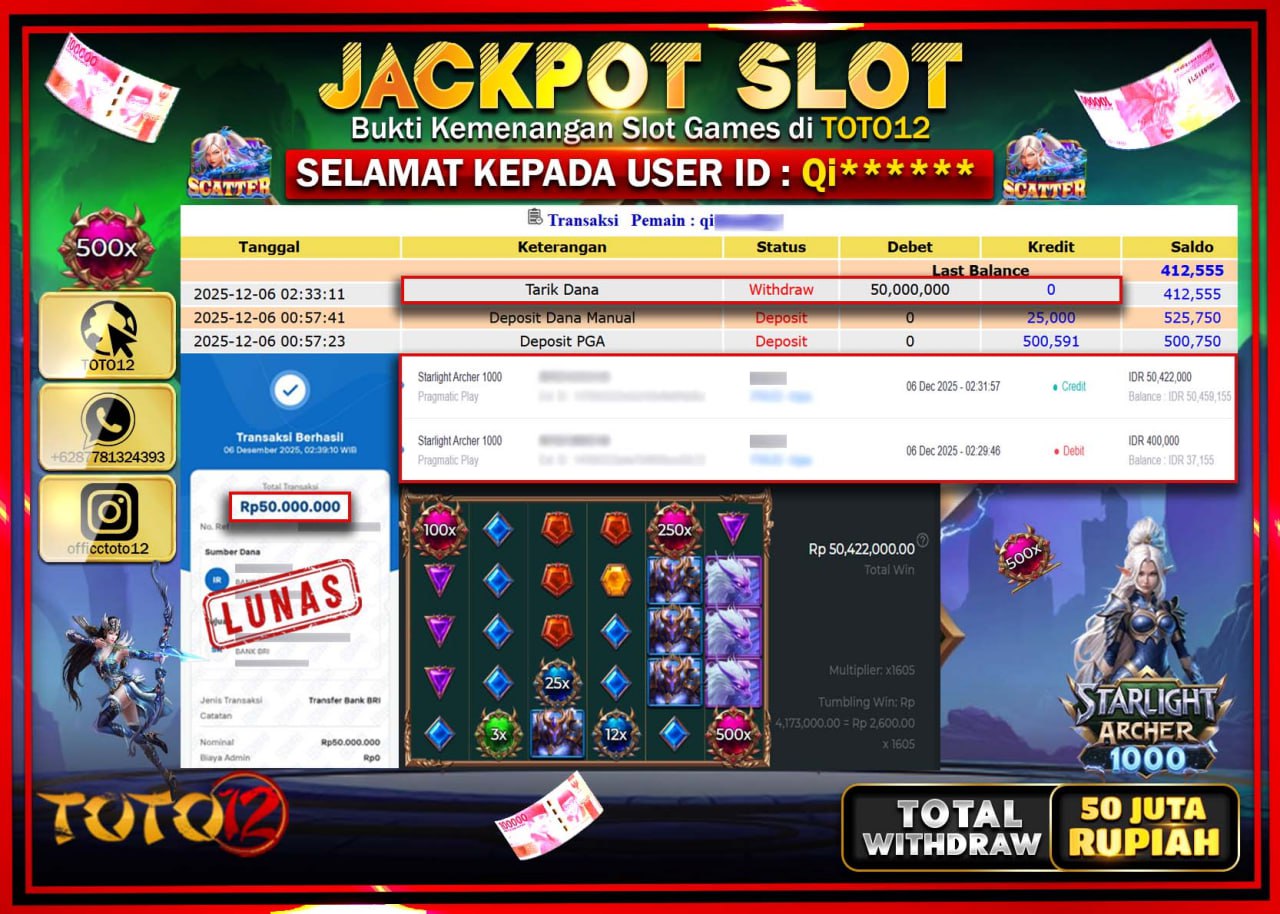 HANYA DI TOTO12 JP PASTI DI BAYAR LUNAS DAN CEPAT!!!!!! JACKPOT SLOT GAME (STARLIGHT ARCHER 1000) Rp.50.000.000 !!!!