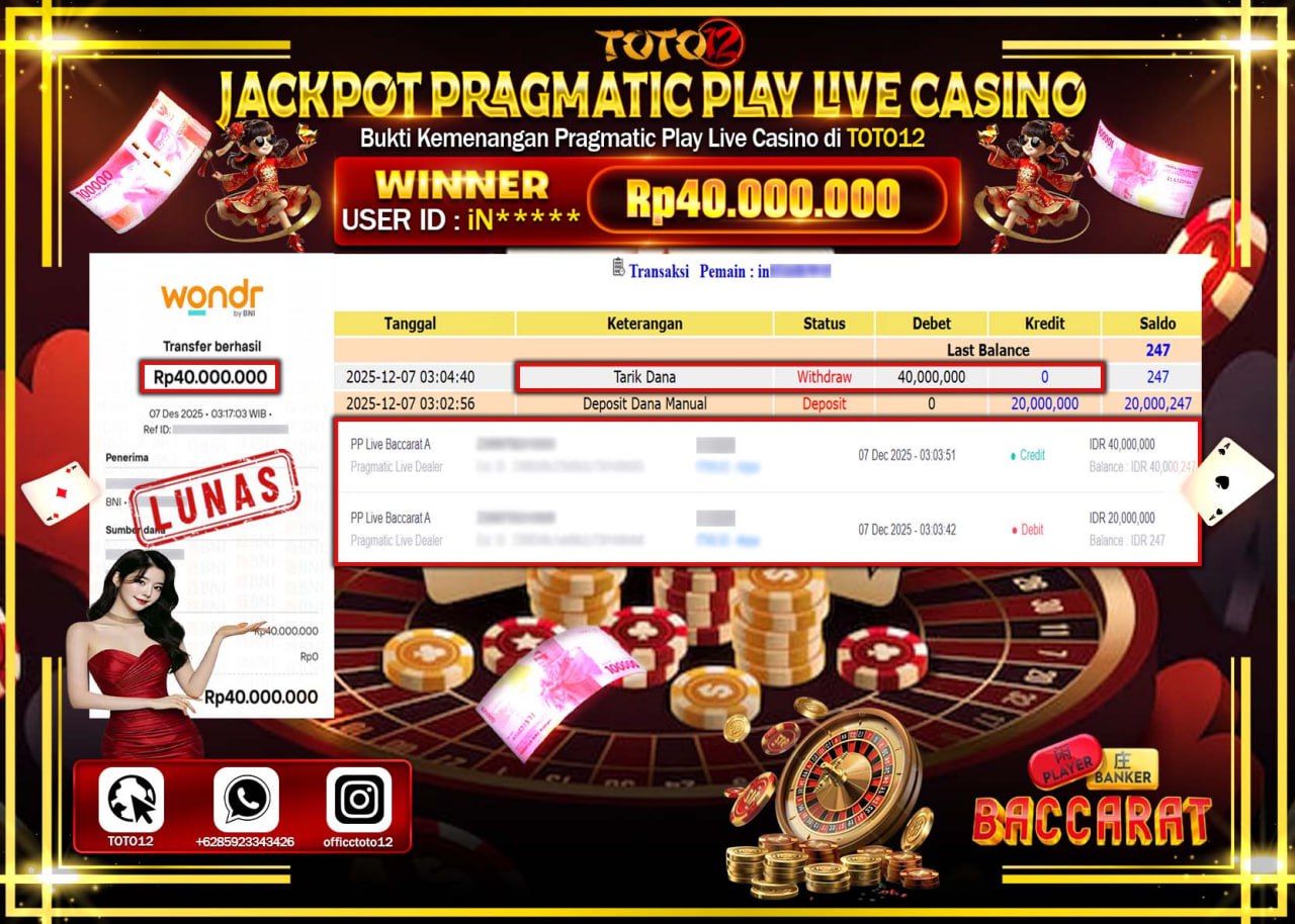 HANYA DI TOTO12 JP PASTI DI BAYAR LUNAS DAN CEPAT!!!!!! JACKPOT PRAGMATIC PLAY LIVE CASINO (LIVE BACCARAT) Rp.40.000.000 !!!!