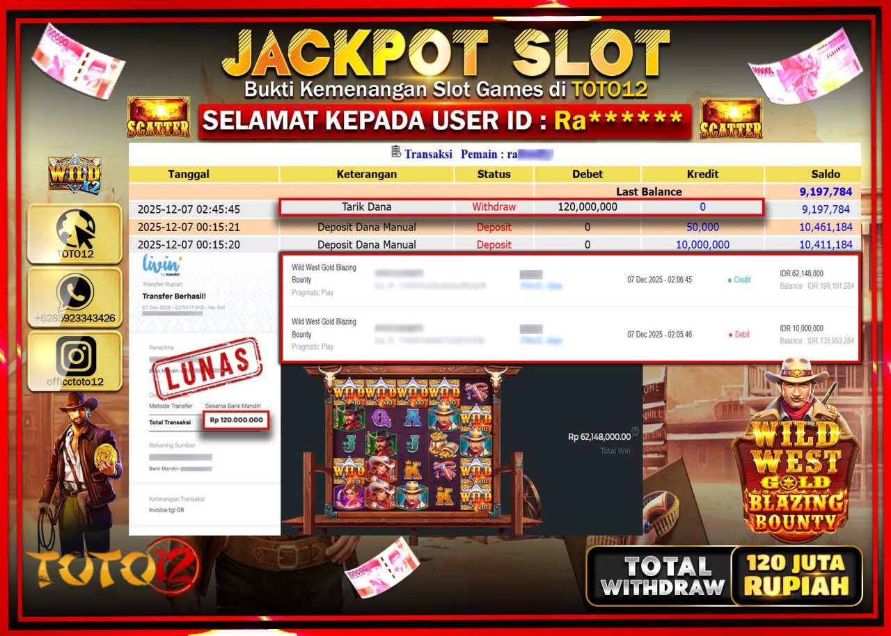 HANYA DI TOTO12 JP PASTI DI BAYAR LUNAS DAN CEPAT!!!!!! JACKPOT SLOT GAME (WILD WEST GOLD BLAZING BOUNTY) Rp.120.000.000 !!!!